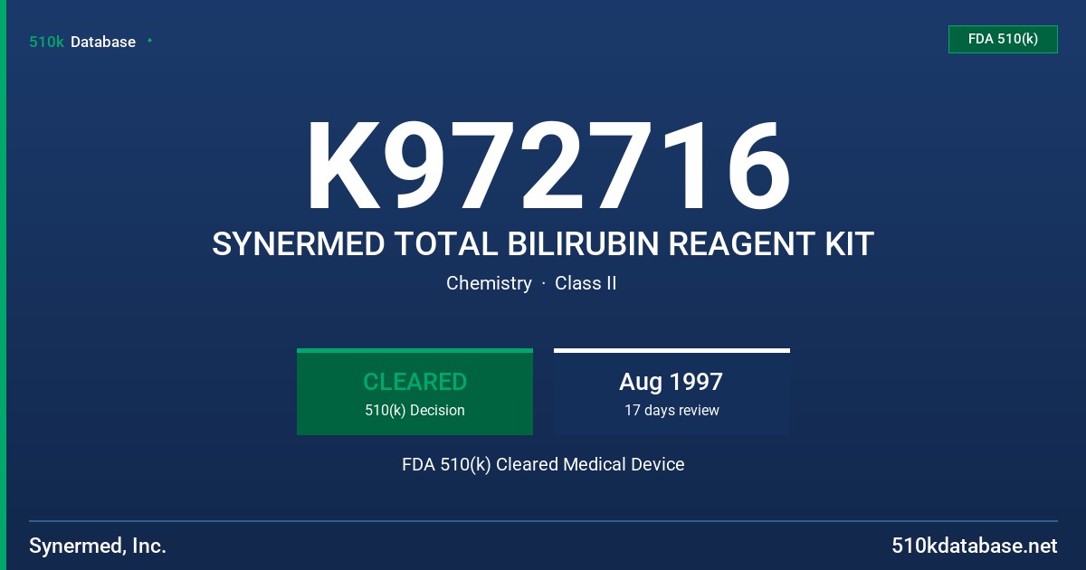 K972716 SYNERMED TOTAL BILIRUBIN REAGENT KIT FDA 510(k) Cleared Medical Device