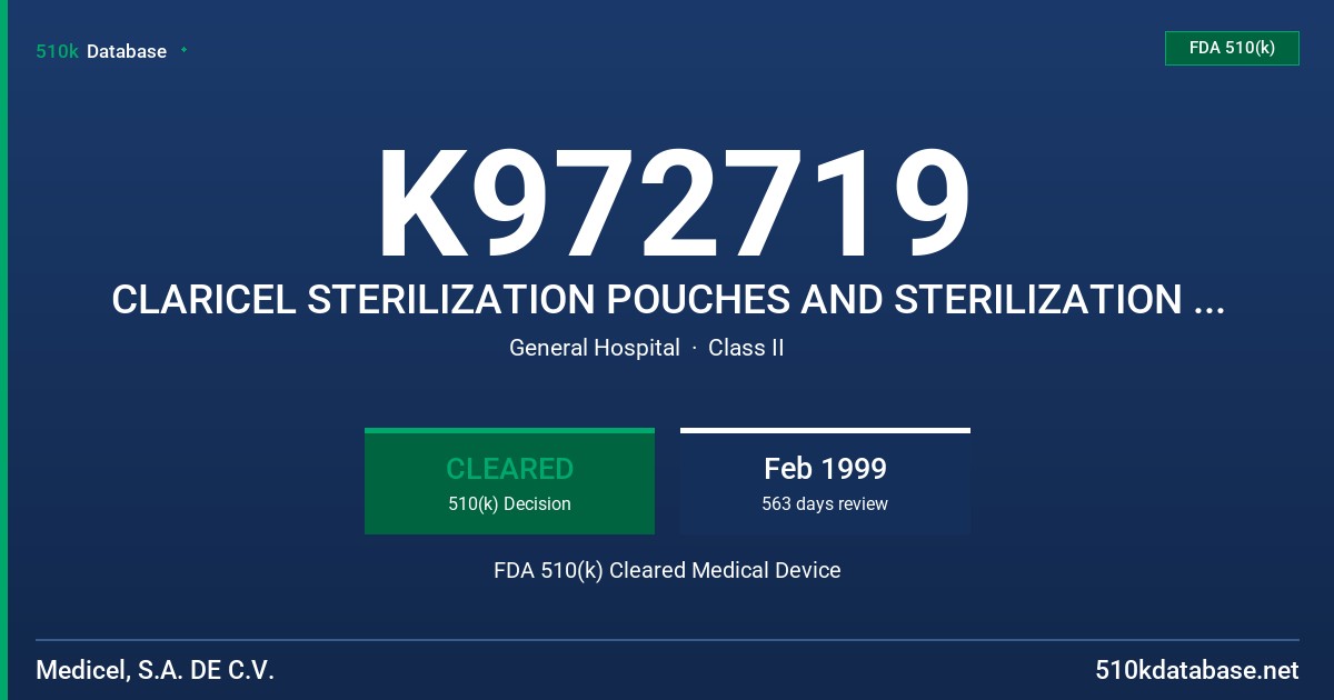 K972719 CLARICEL STERILIZATION POUCHES AND STERILIZATION REELS FDA 510(k) Cleared Medical Device