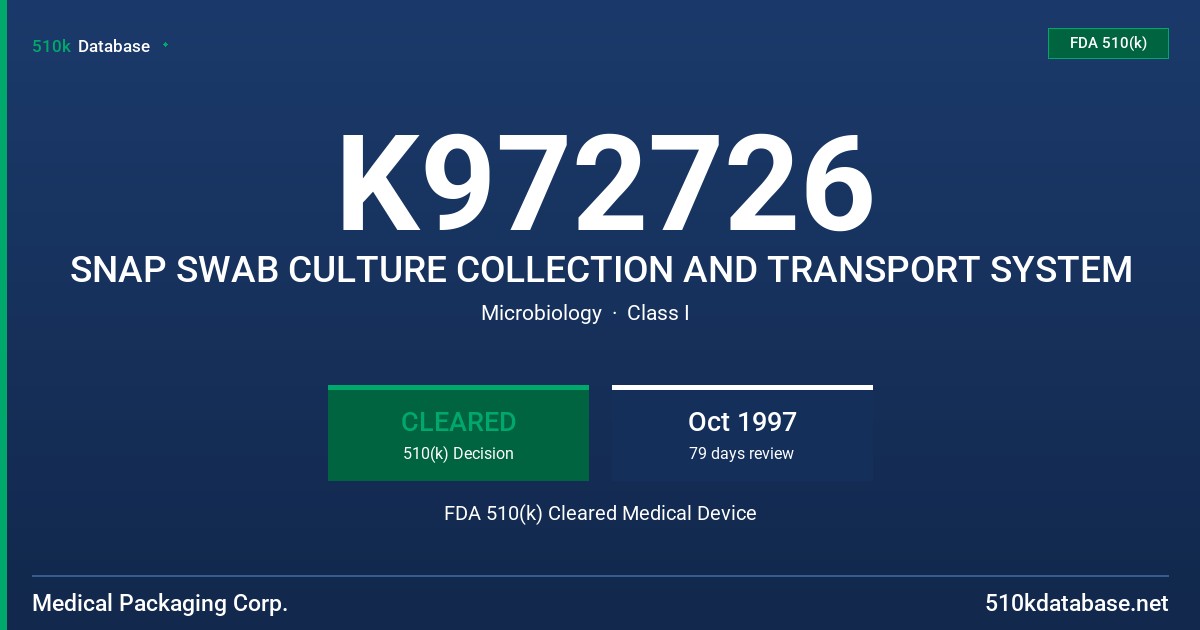 K972726 SNAP SWAB CULTURE COLLECTION AND TRANSPORT SYSTEM FDA 510(k) Cleared Medical Device