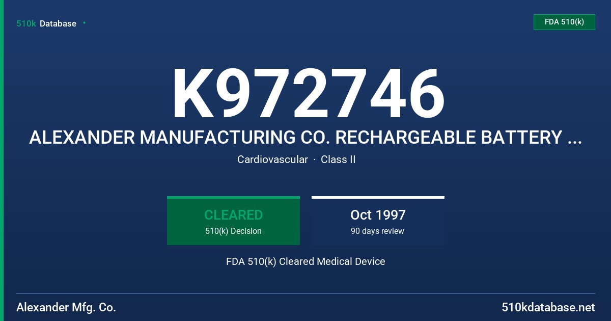 K972746 ALEXANDER MANUFACTURING CO. RECHARGEABLE BATTERY PART NUMBER LP6/100 FDA 510(k) Cleared Medical Device