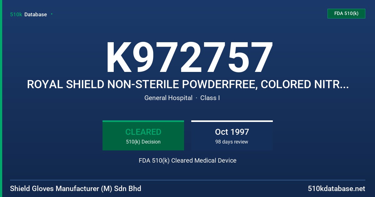 K972757 ROYAL SHIELD NON-STERILE POWDERFREE, COLORED NITRILE EXAMINATION GLOVE FDA 510(k) Cleared Medical Device