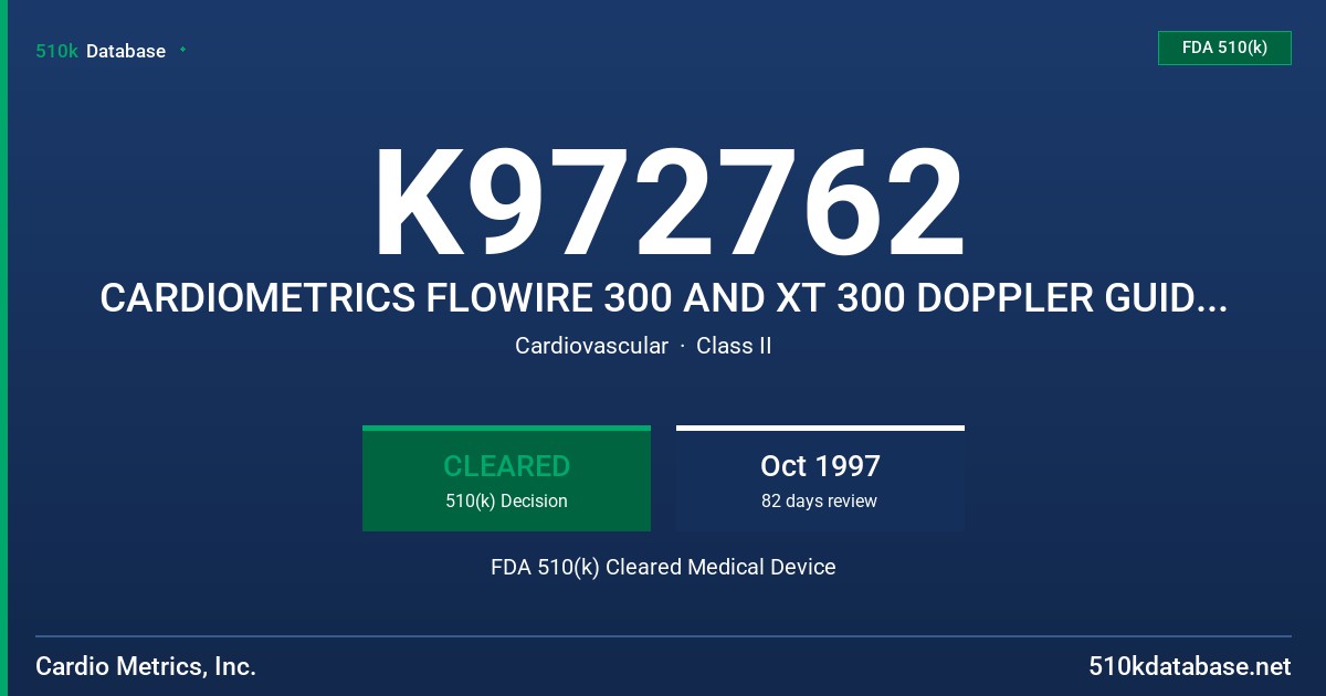 K972762 CARDIOMETRICS FLOWIRE 300 AND XT 300 DOPPLER GUIDE WIRES FDA 510(k) Cleared Medical Device