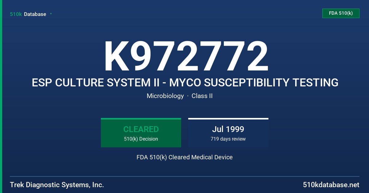 K972772 ESP CULTURE SYSTEM II - MYCO SUSCEPTIBILITY TESTING FDA 510(k) Cleared Medical Device
