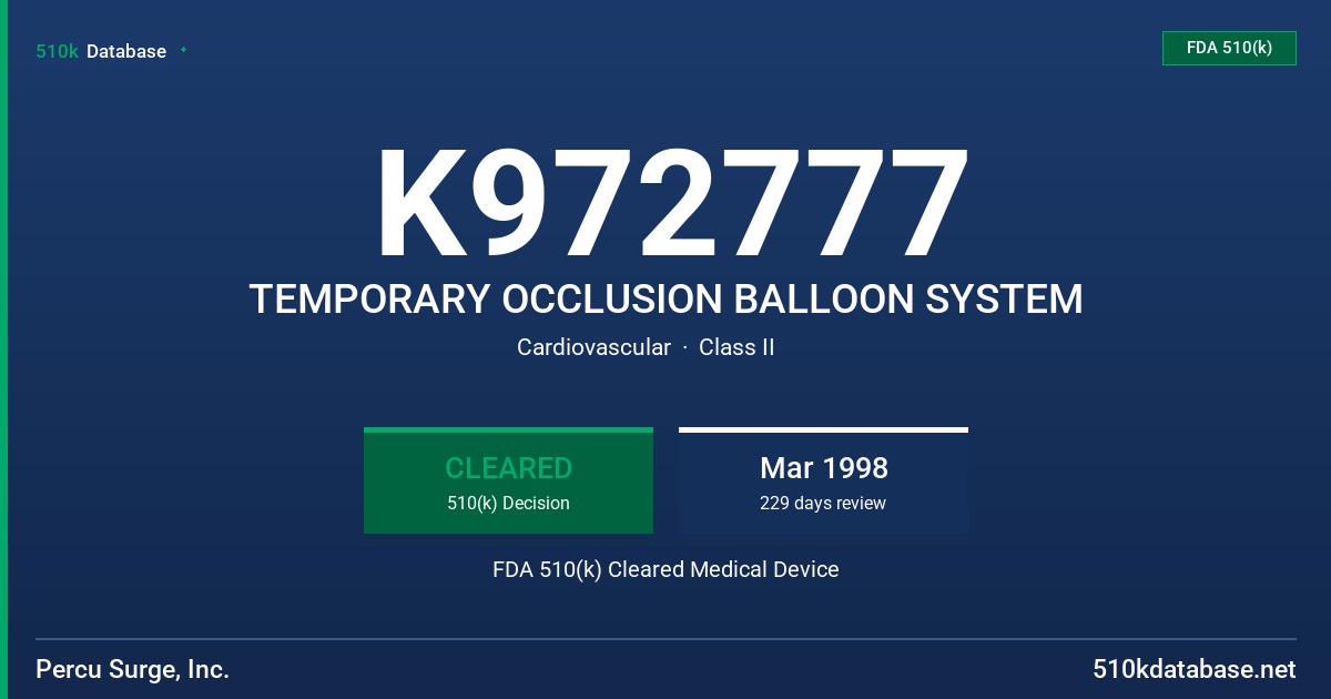 K972777 TEMPORARY OCCLUSION BALLOON SYSTEM FDA 510(k) Cleared Medical Device
