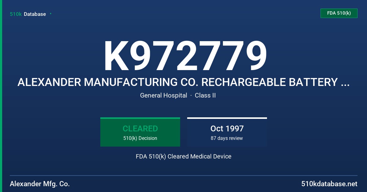 K972779 ALEXANDER MANUFACTURING CO. RECHARGEABLE BATTERY PART NUMBER MS3030-P FDA 510(k) Cleared Medical Device