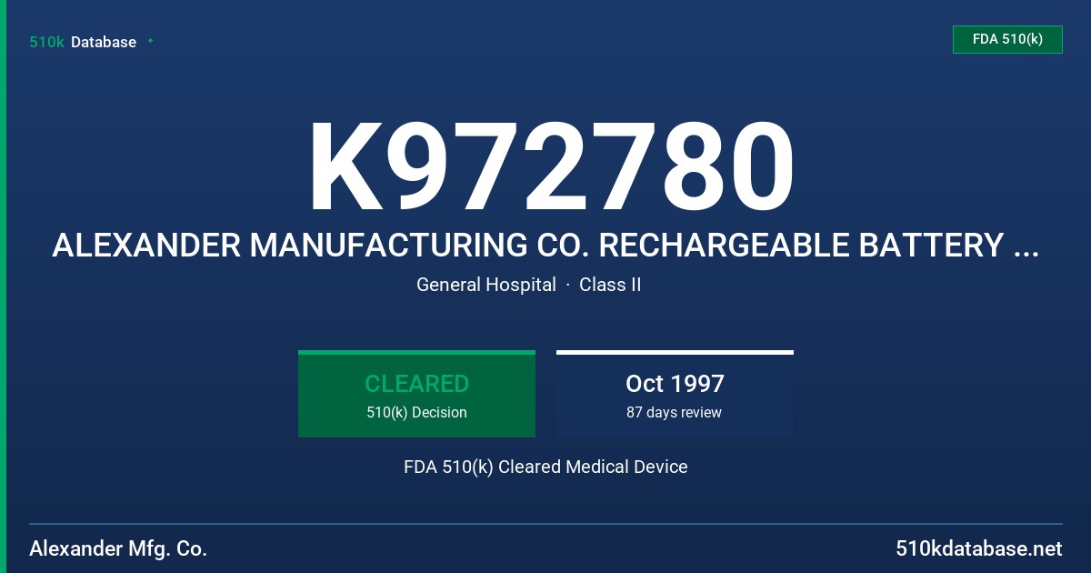 K972780 ALEXANDER MANUFACTURING CO. RECHARGEABLE BATTERY PART NUMBER GL625 FDA 510(k) Cleared Medical Device
