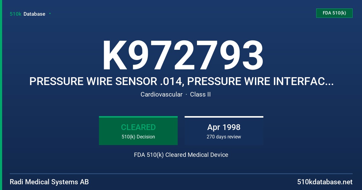 K972793 PRESSURE WIRE SENSOR .014, PRESSURE WIRE INTERFACE 10, PRESSURE WIRE MONITOR CABLE FDA 510(k) Cleared Medical Device