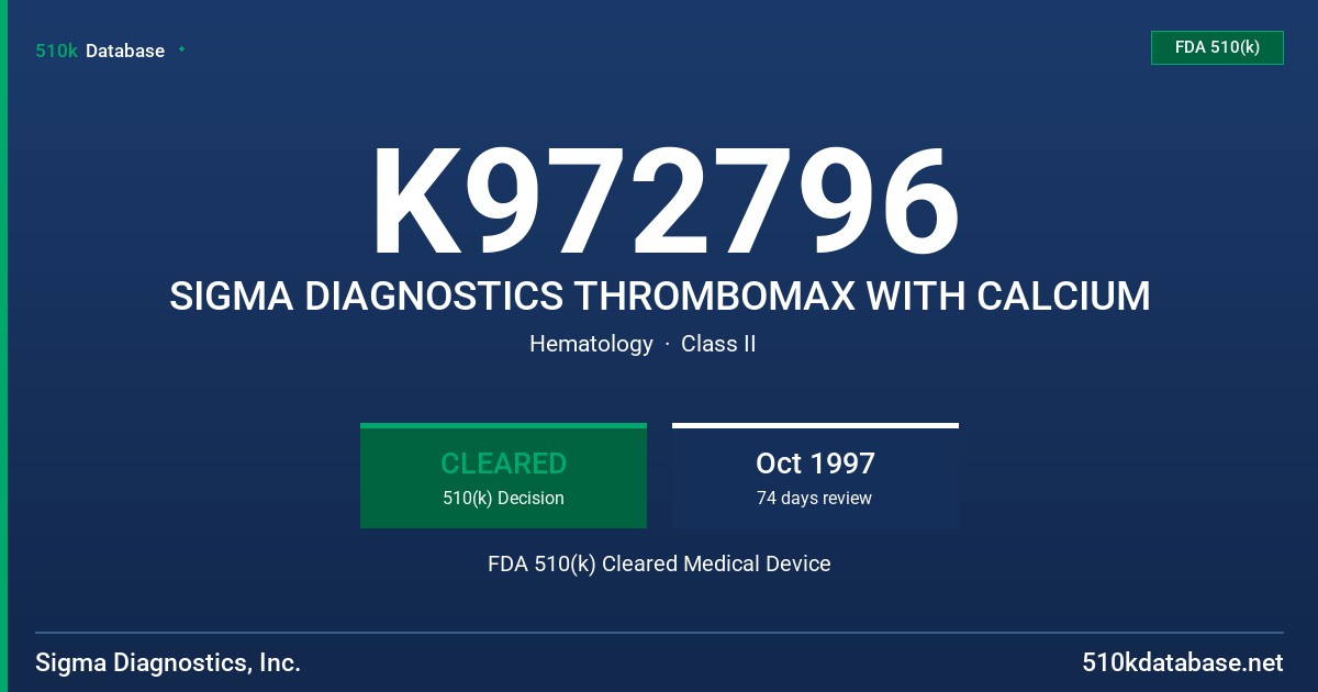 K972796 SIGMA DIAGNOSTICS THROMBOMAX WITH CALCIUM FDA 510(k) Cleared Medical Device