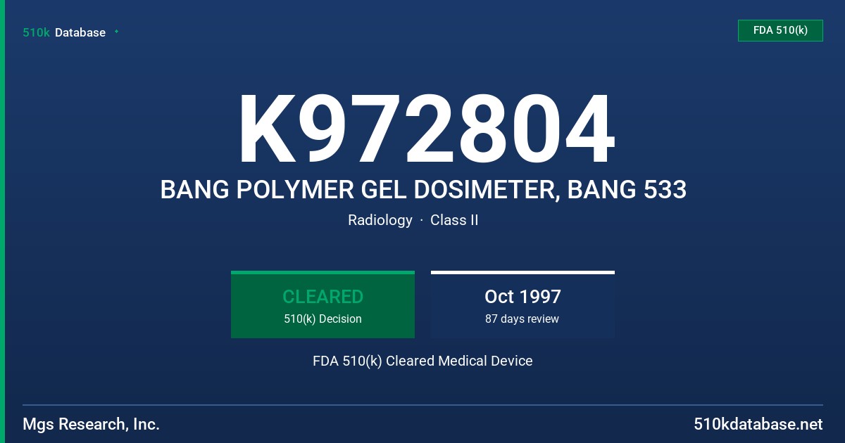 K972804 BANG POLYMER GEL DOSIMETER, BANG 533 FDA 510(k) Cleared Medical Device