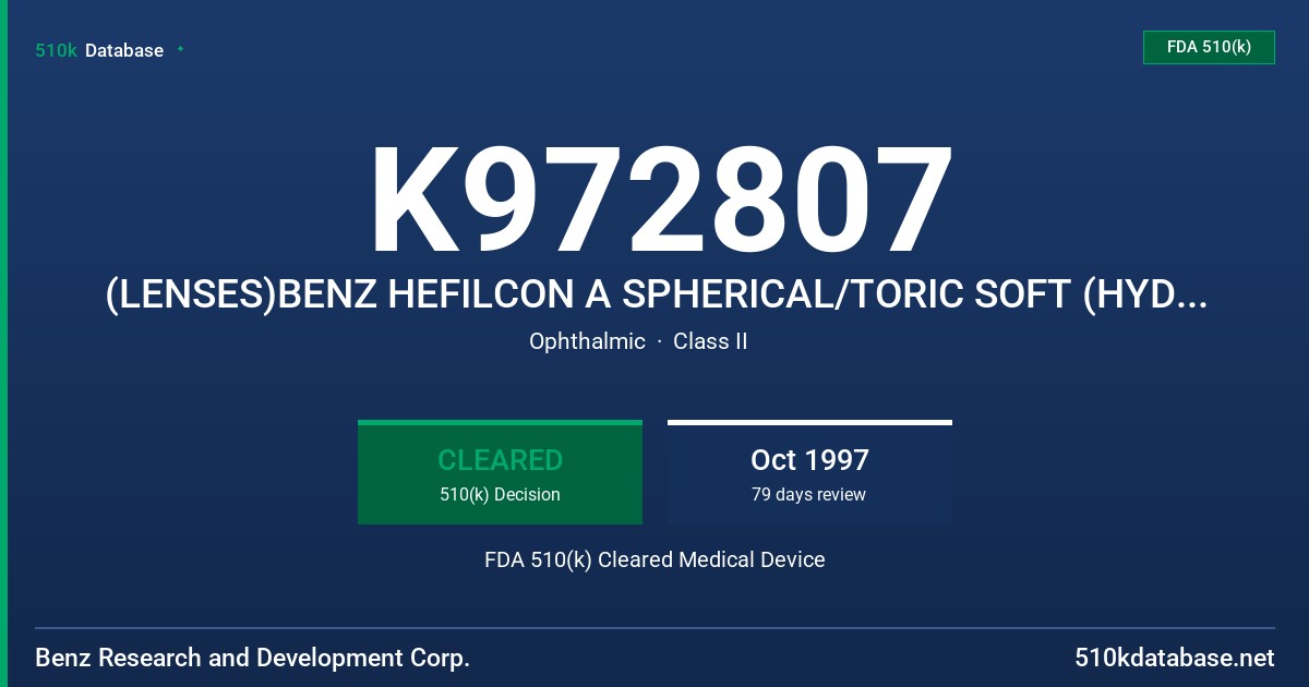 K972807 (LENSES)BENZ HEFILCON A SPHERICAL/TORIC SOFT (HYDROPHILIC) CONTACT LENSES IN CLEAR AND WITH A BLUE OR LIGHT GREEN VISIBI FDA 510(k) Cleared Medical Device