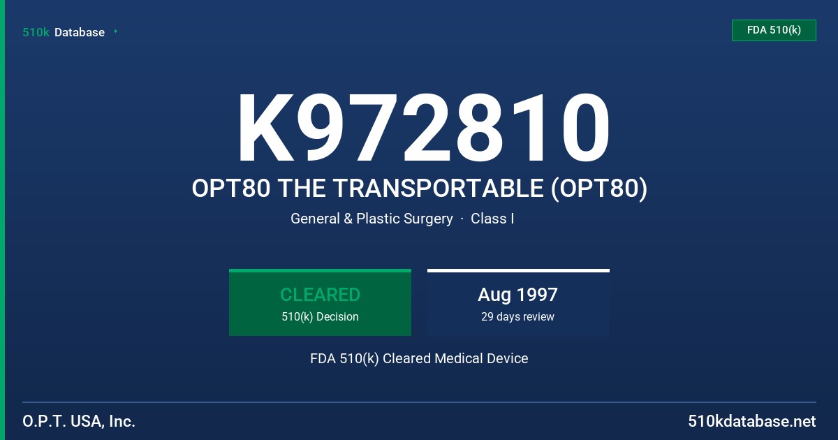 K972810 OPT80 THE TRANSPORTABLE (OPT80) FDA 510(k) Cleared Medical Device