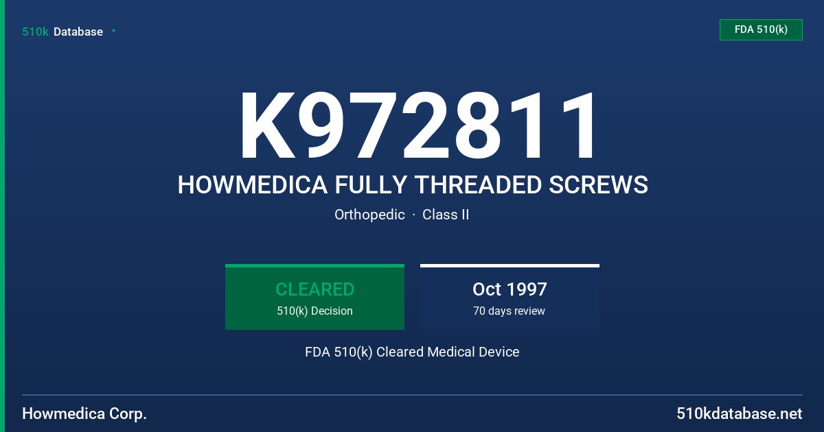 K972811 HOWMEDICA FULLY THREADED SCREWS FDA 510(k) Cleared Medical Device