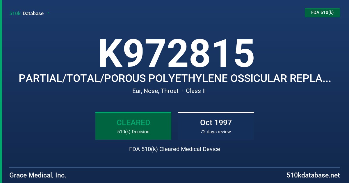 K972815 PARTIAL/TOTAL/POROUS POLYETHYLENE OSSICULAR REPLACEMENT FDA 510(k) Cleared Medical Device