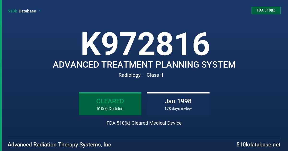 K972816 ADVANCED TREATMENT PLANNING SYSTEM FDA 510(k) Cleared Medical Device