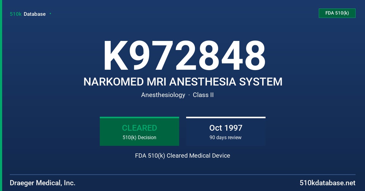 K972848 NARKOMED MRI ANESTHESIA SYSTEM FDA 510(k) Cleared Medical Device