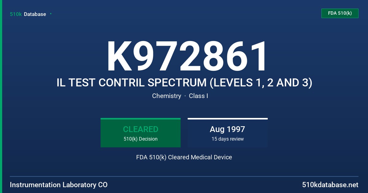 K972861 IL TEST CONTRIL SPECTRUM (LEVELS 1, 2 AND 3) FDA 510(k) Cleared Medical Device