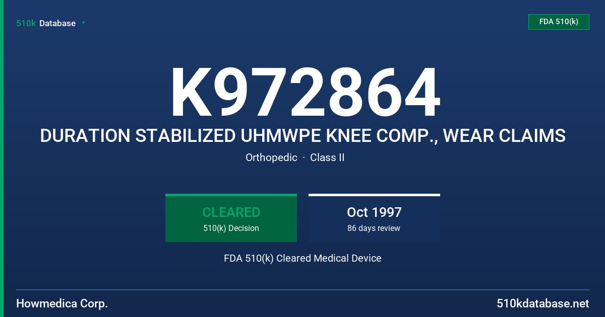 K972864 DURATION STABILIZED UHMWPE KNEE COMP., WEAR CLAIMS FDA 510(k) Cleared Medical Device