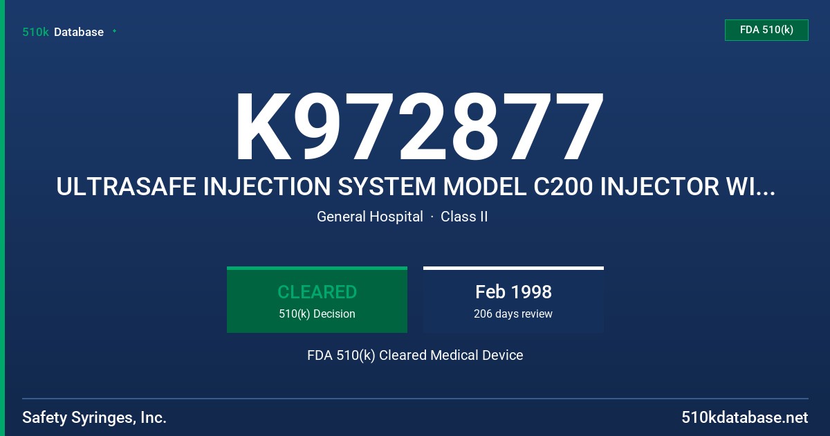 K972877 ULTRASAFE INJECTION SYSTEM MODEL C200 INJECTOR WITH NEEDLE GUARD FDA 510(k) Cleared Medical Device