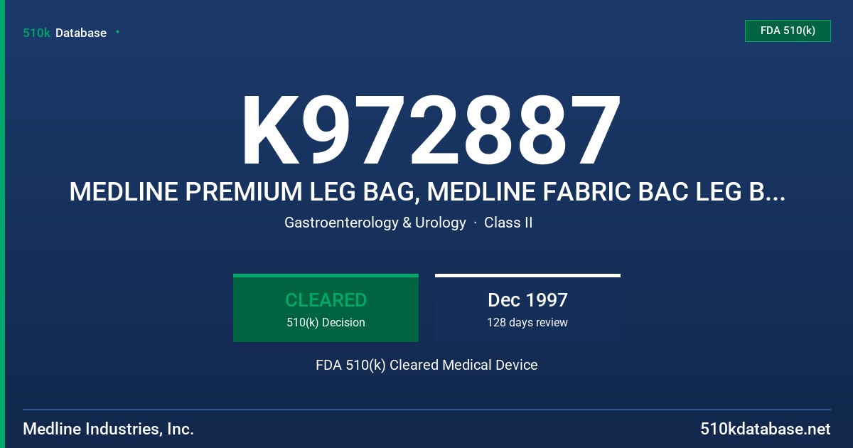 K972887 MEDLINE PREMIUM LEG BAG, MEDLINE FABRIC BAC LEG BAG, MEDLINE URINARY LEG BAG FDA 510(k) Cleared Medical Device