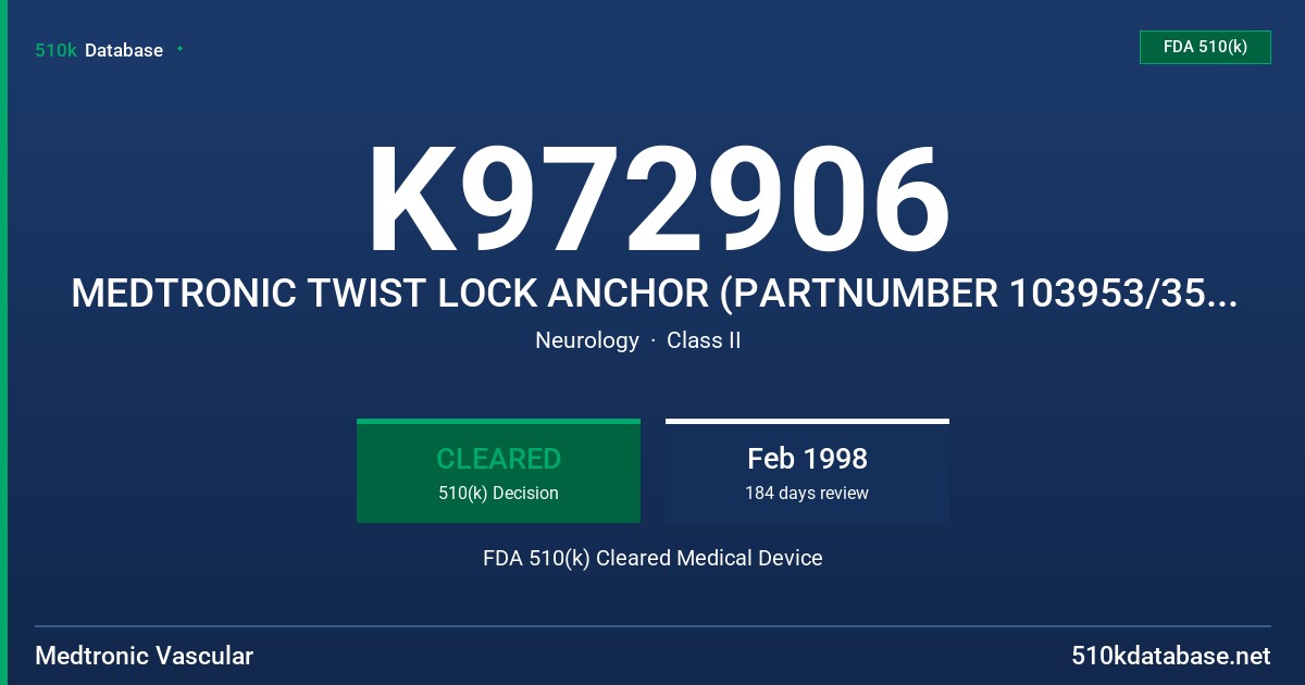 K972906 MEDTRONIC TWIST LOCK ANCHOR (PARTNUMBER 103953/3550TLA) FDA 510(k) Cleared Medical Device