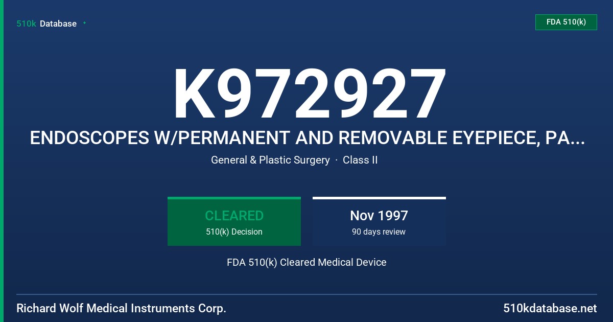 K972927 ENDOSCOPES W/PERMANENT AND REMOVABLE EYEPIECE, PANOVIEW PLUS TELESCOPE W/PLUG-ON CONNECTOR FDA 510(k) Cleared Medical Device
