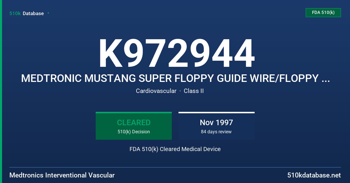 K972944 MEDTRONIC MUSTANG SUPER FLOPPY GUIDE WIRE/FLOPPY GUIDE WIRE/INTERMEDIATE GUIDE WIRE/STANDARD GUIDE WIRE/EXTRA SUPPORT FDA 510(k) Cleared Medical Device