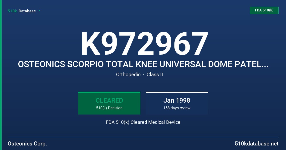 K972967 OSTEONICS SCORPIO TOTAL KNEE UNIVERSAL DOME PATELLAR COMPONENT FDA 510(k) Cleared Medical Device