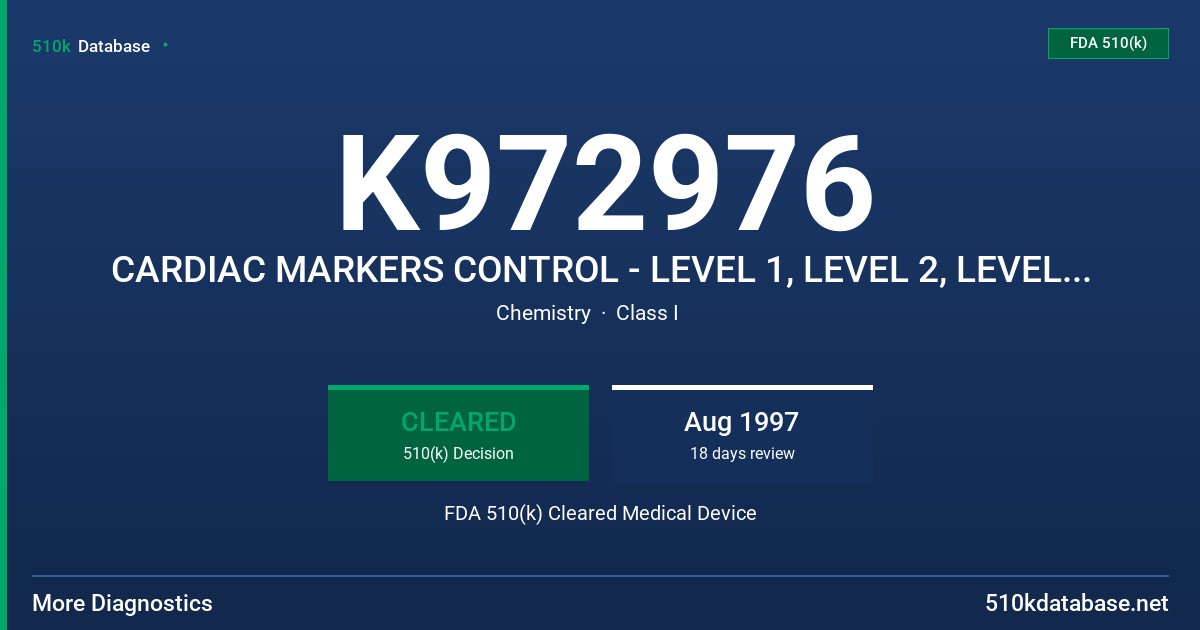 K972976 CARDIAC MARKERS CONTROL - LEVEL 1, LEVEL 2, LEVEL 3, TRI-LEVEL FDA 510(k) Cleared Medical Device