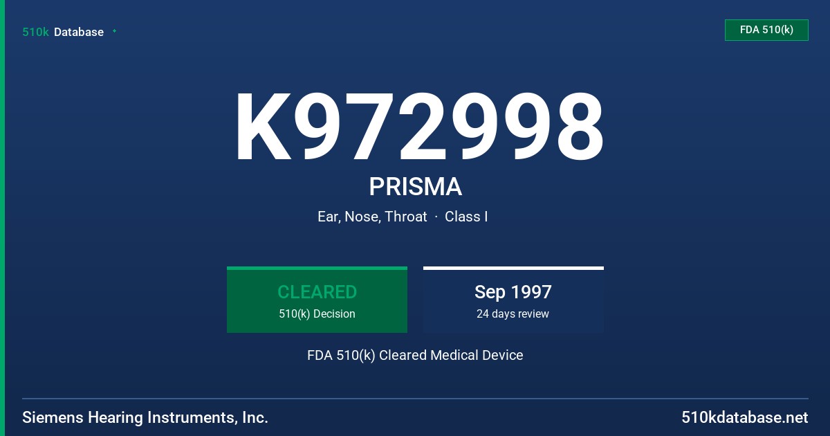 K972998 PRISMA FDA 510(k) Cleared Medical Device