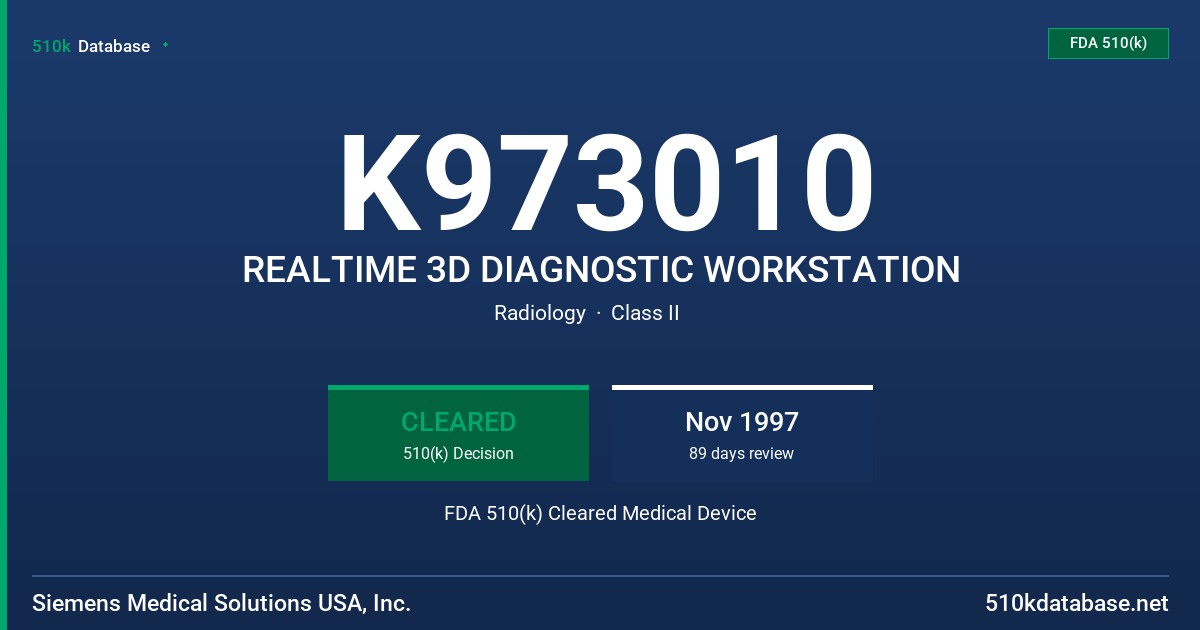 K973010 REALTIME 3D DIAGNOSTIC WORKSTATION FDA 510(k) Cleared Medical Device