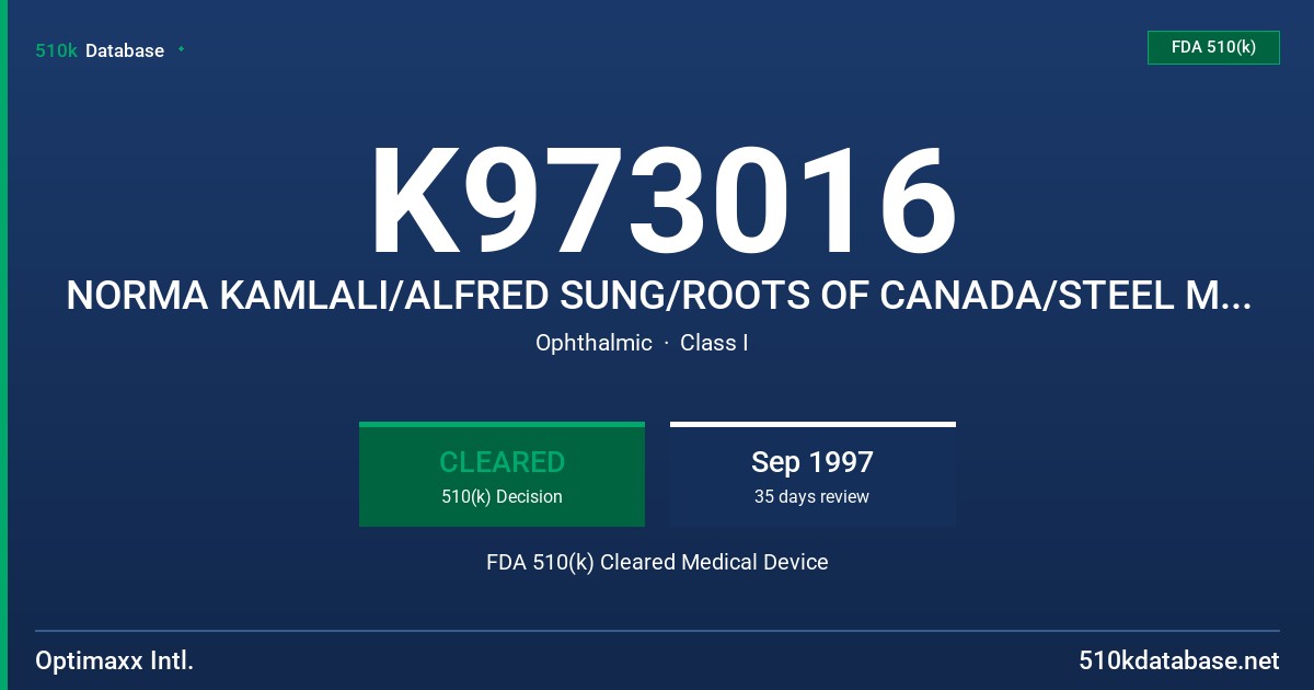 K973016 NORMA KAMLALI/ALFRED SUNG/ROOTS OF CANADA/STEEL MAXX SUNGLASS FDA 510(k) Cleared Medical Device