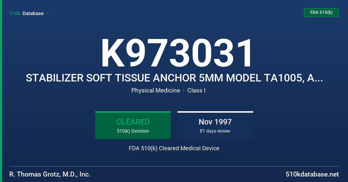 K973031 STABILIZER SOFT TISSUE ANCHOR 5MM MODEL TA1005, ANCHOR INSERTER/SUTURE ORGANIZER 5MM AI1005, STABILIZER DRILL 5MM NONSTE FDA 510(k) Cleared Medical Device