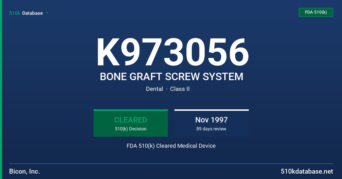 K973056 BONE GRAFT SCREW SYSTEM FDA 510(k) Cleared Medical Device