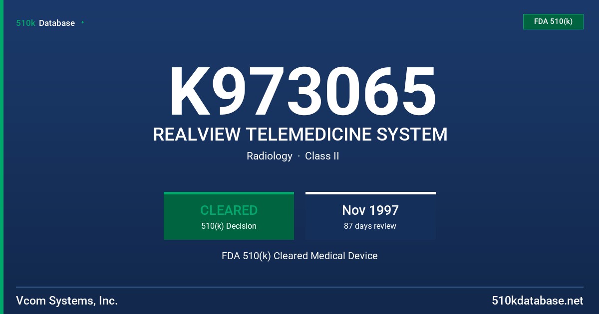 K973065 REALVIEW TELEMEDICINE SYSTEM FDA 510(k) Cleared Medical Device