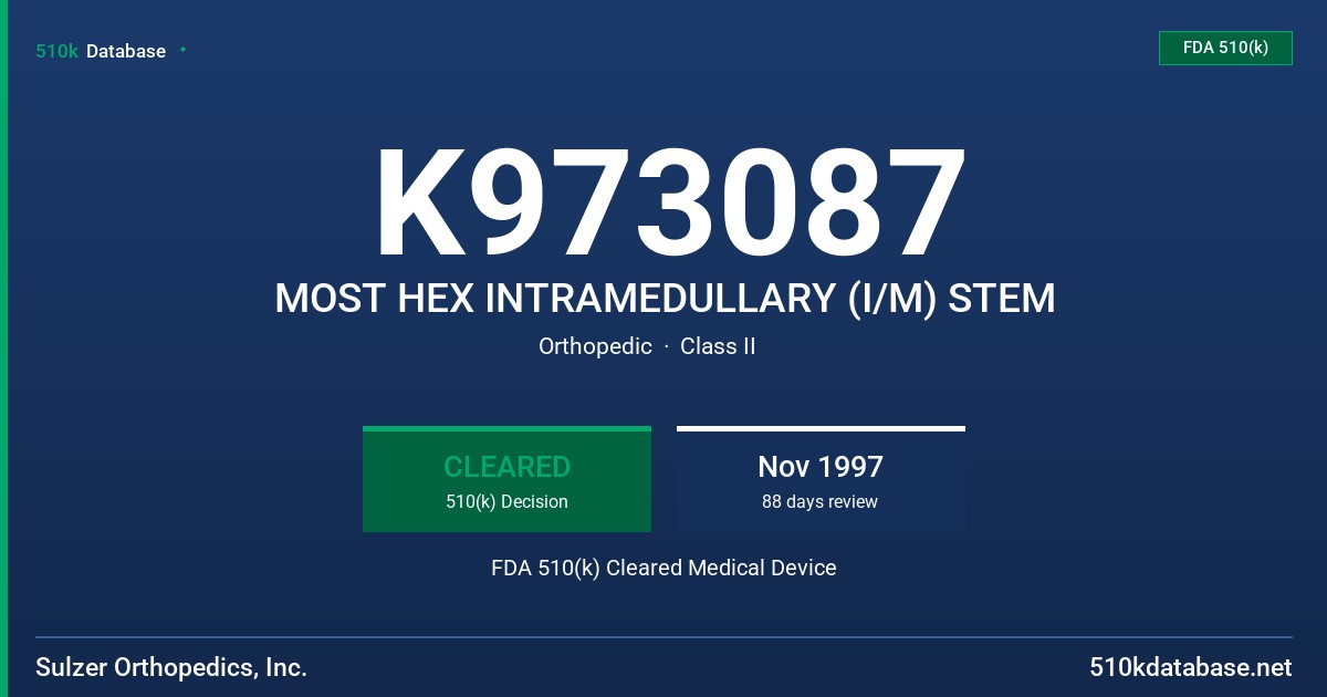 K973087 MOST HEX INTRAMEDULLARY (I/M) STEM FDA 510(k) Cleared Medical Device