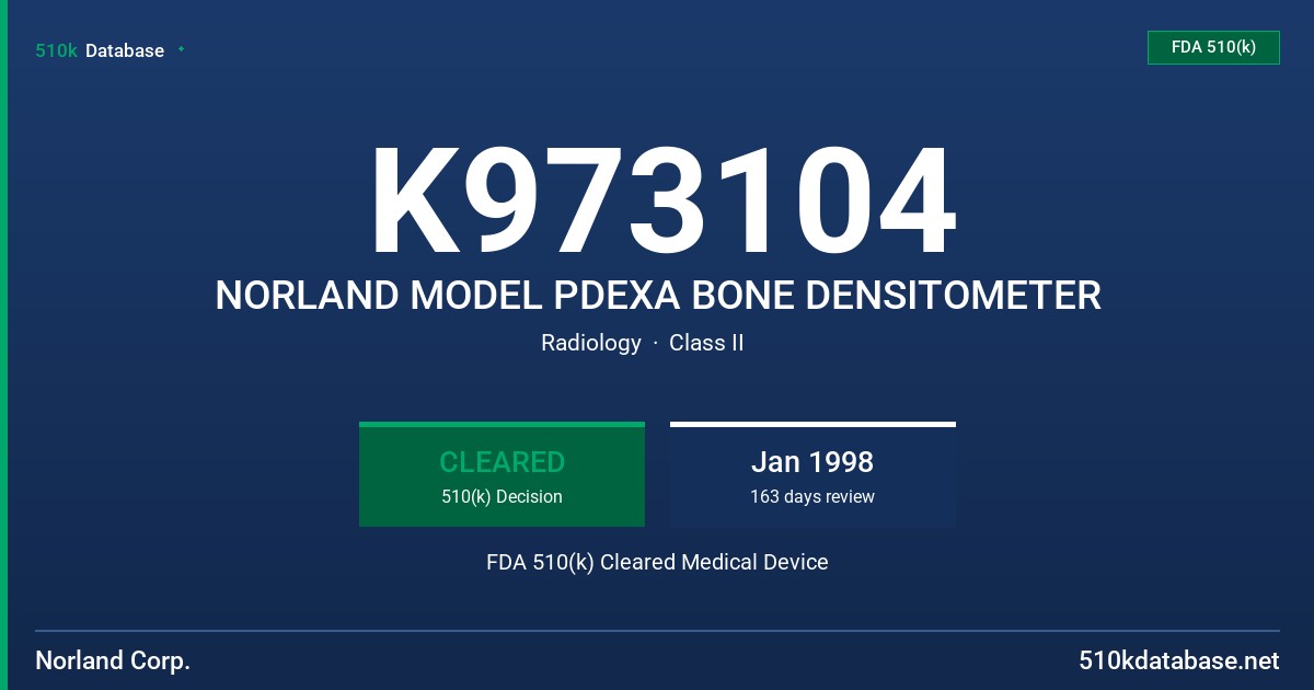 K973104 NORLAND MODEL PDEXA BONE DENSITOMETER FDA 510(k) Cleared Medical Device