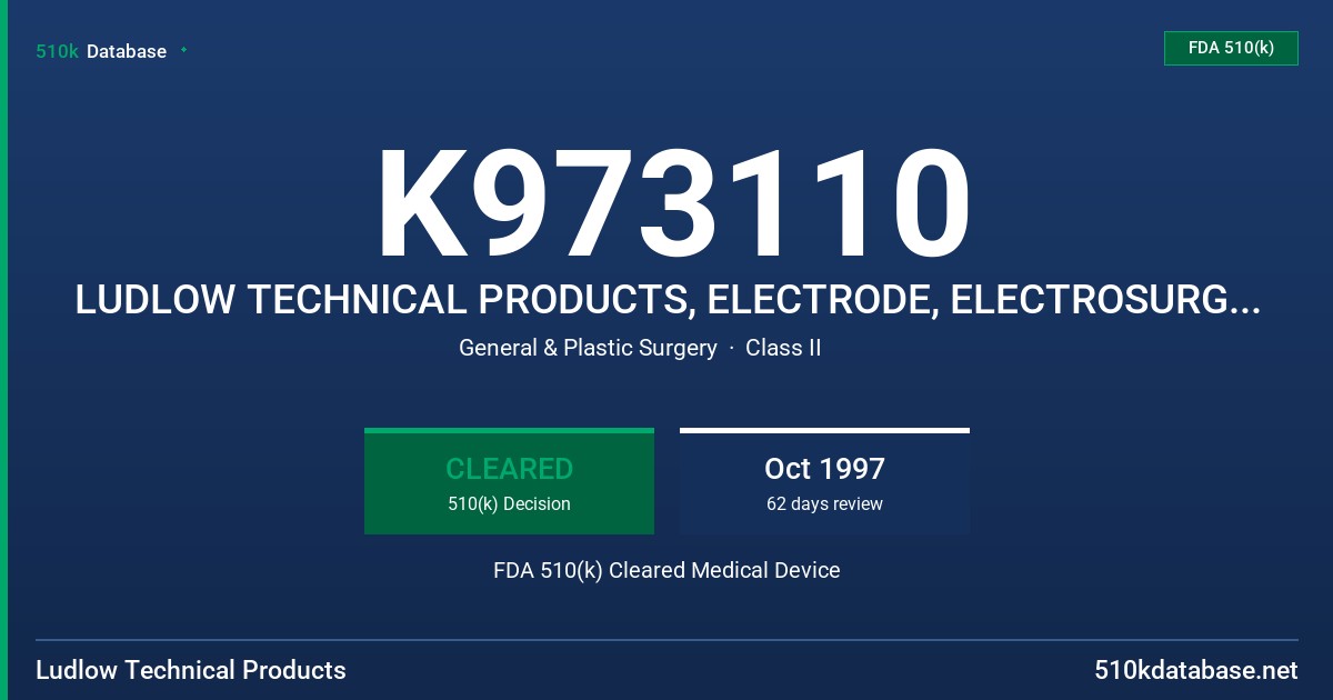 K973110 LUDLOW TECHNICAL PRODUCTS, ELECTRODE, ELECTROSURGICAL, DISPOSABLE PEDIATRIC DISPERSIVE ELECTRODES FDA 510(k) Cleared Medical Device
