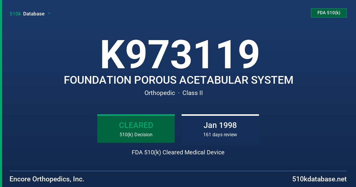 K973119 FOUNDATION POROUS ACETABULAR SYSTEM FDA 510(k) Cleared Medical Device
