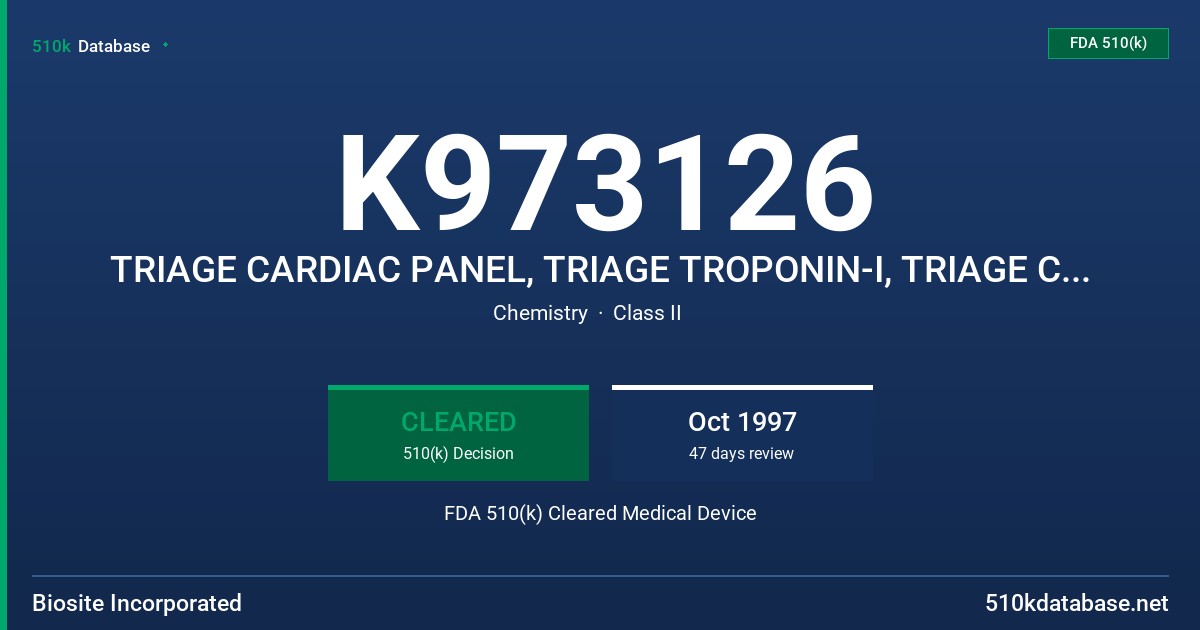 K973126 TRIAGE CARDIAC PANEL, TRIAGE TROPONIN-I, TRIAGE CK-MB, TRIAGE MYOGLOBIN, TRIAGE TROPONIN-I AND CK-MB, TRIAGE TROPONIN-I FDA 510(k) Cleared Medical Device