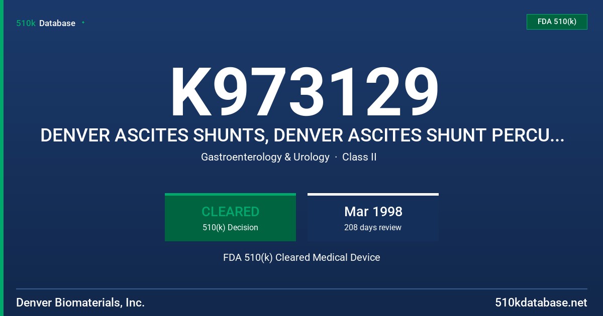 K973129 DENVER ASCITES SHUNTS, DENVER ASCITES SHUNT PERCUTANEOUS ACCESS KITS FDA 510(k) Cleared Medical Device