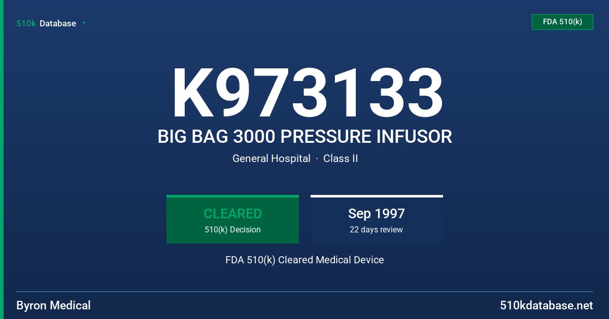 K973133 BIG BAG 3000 PRESSURE INFUSOR FDA 510(k) Cleared Medical Device