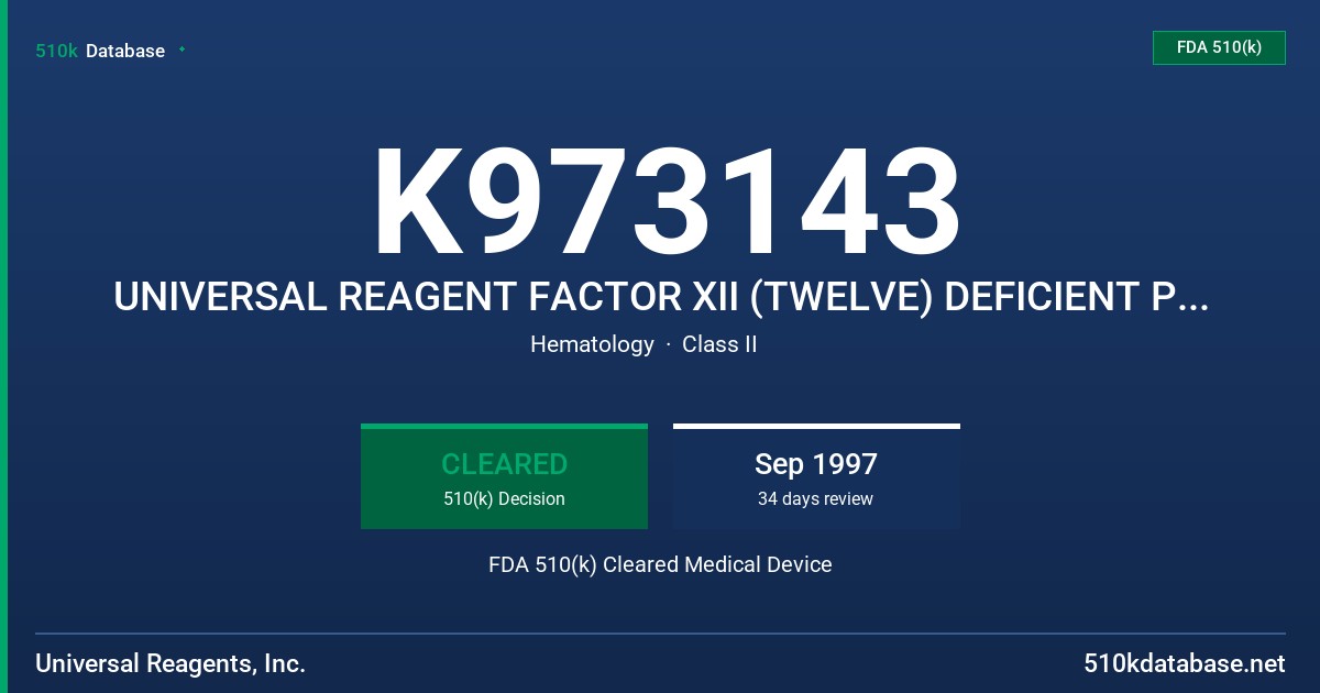 K973143 UNIVERSAL REAGENT FACTOR XII (TWELVE) DEFICIENT PLASMA FDA 510(k) Cleared Medical Device