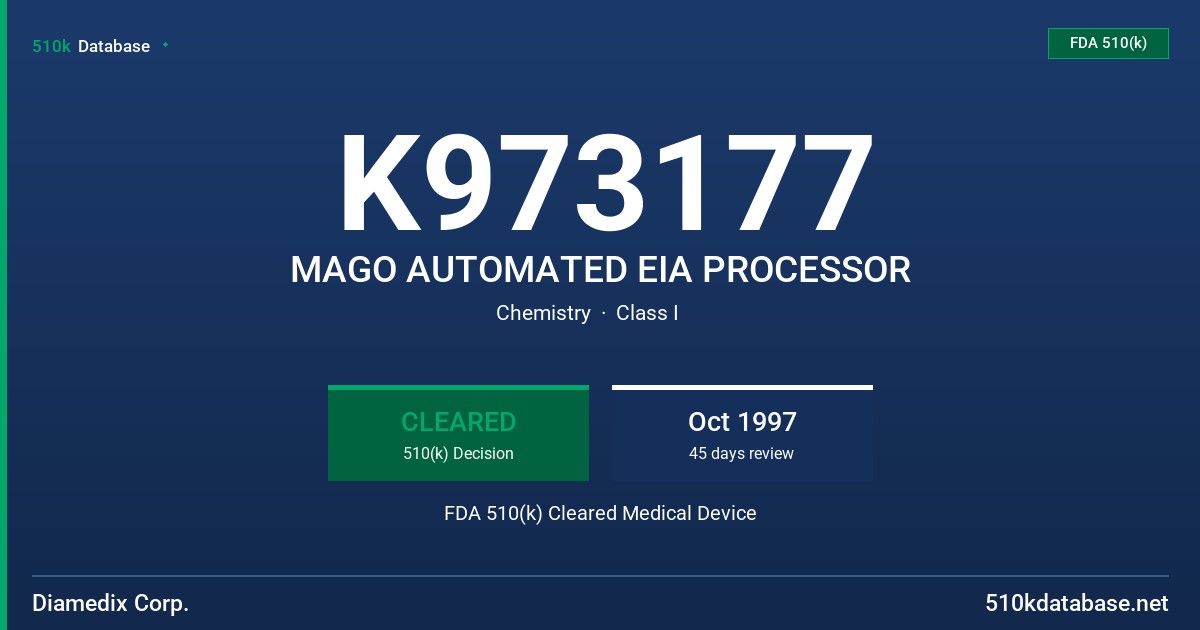 K973177 MAGO AUTOMATED EIA PROCESSOR FDA 510(k) Cleared Medical Device