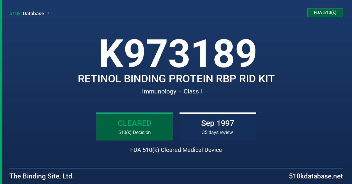 K973189 RETINOL BINDING PROTEIN RBP RID KIT FDA 510(k) Cleared Medical Device