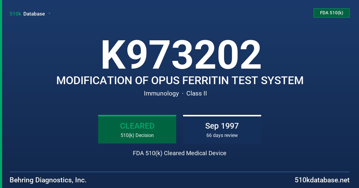 K973202 MODIFICATION OF OPUS FERRITIN TEST SYSTEM FDA 510(k) Cleared Medical Device