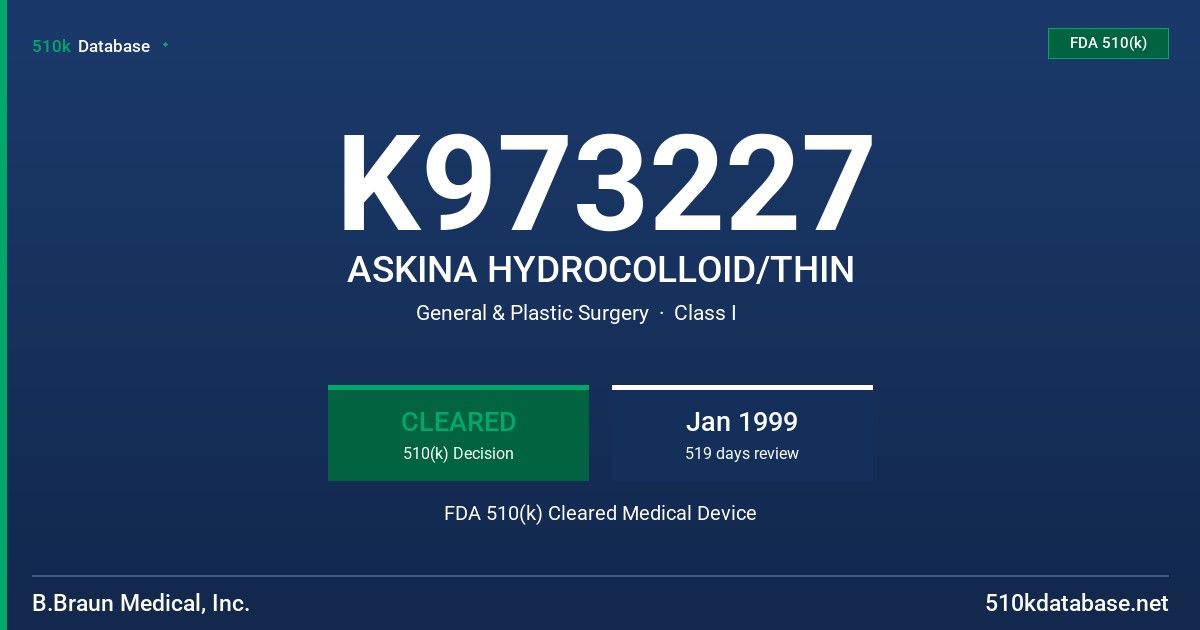 K973227 ASKINA HYDROCOLLOID/THIN FDA 510(k) Cleared Medical Device