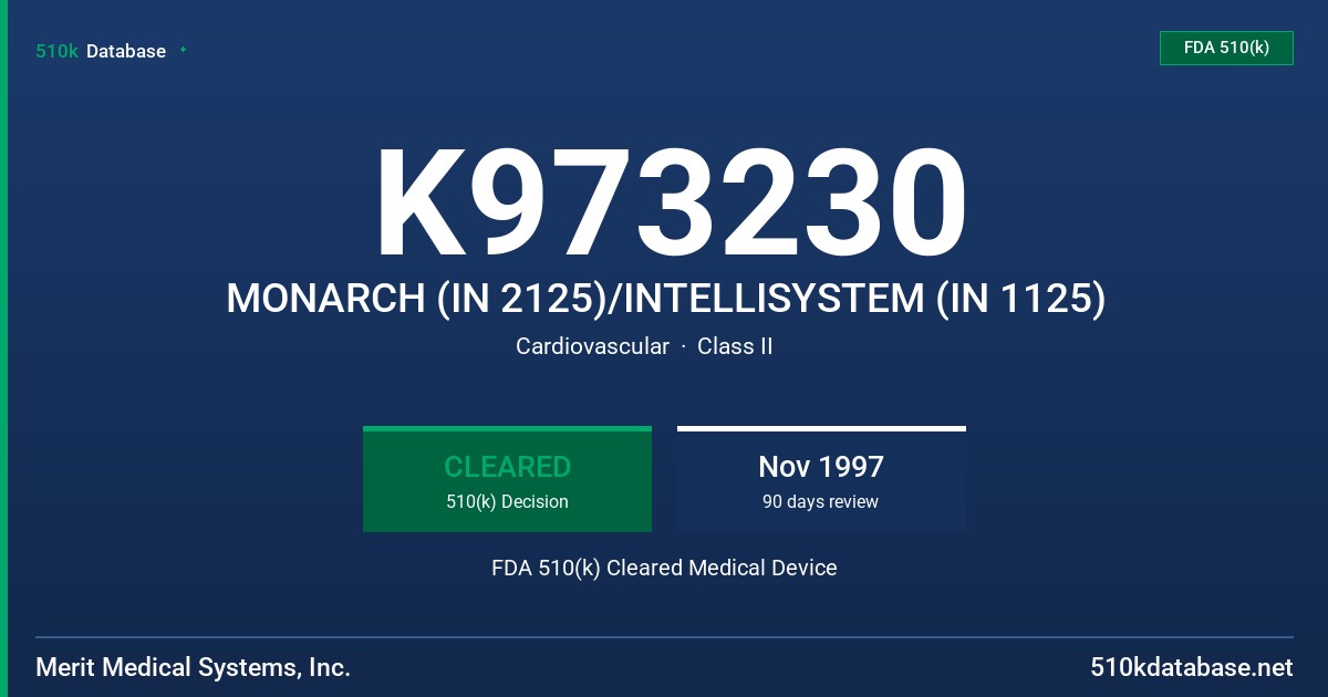 K973230 MONARCH (IN 2125)/INTELLISYSTEM (IN 1125) FDA 510(k) Cleared Medical Device