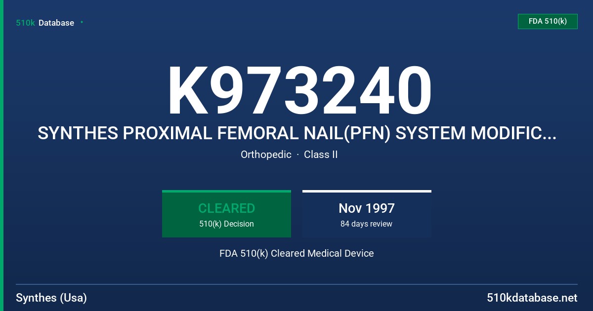 K973240 SYNTHES PROXIMAL FEMORAL NAIL(PFN) SYSTEM MODIFICATION FDA 510(k) Cleared Medical Device