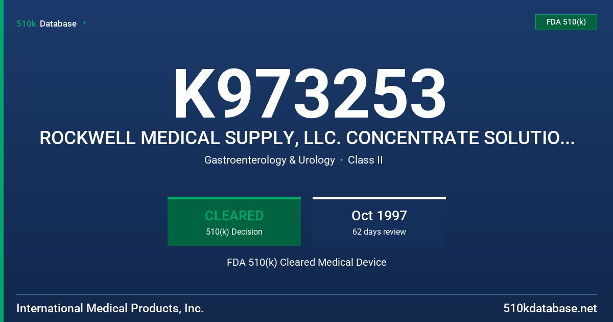 K973253 ROCKWELL MEDICAL SUPPLY, LLC. CONCENTRATE SOLUTIONS FOR ACETATE DIALYSATE FDA 510(k) Cleared Medical Device