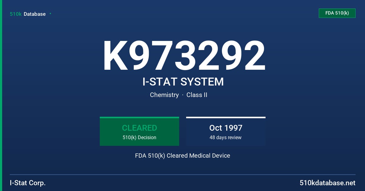 K973292 I-STAT SYSTEM FDA 510(k) Cleared Medical Device